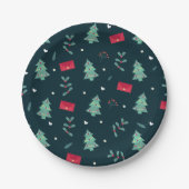 Kerstbomen en Holly Modern Pattern Dark Blue Papieren Bordje (Voorkant)
