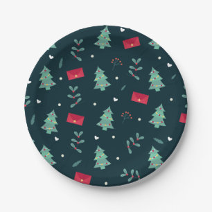 Kerstbomen en Holly Modern Pattern Dark Blue Papieren Bordje
