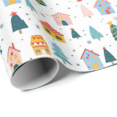 Kerstbomen en huizen op een witte achtergrond cadeaupapier (Rol Hoek)