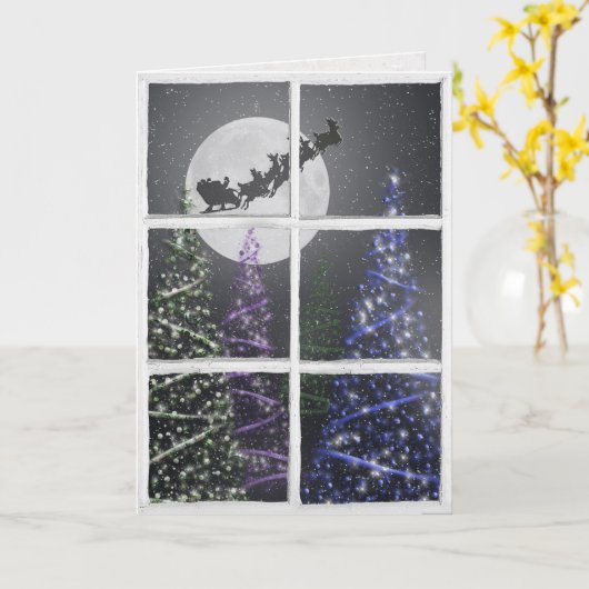 Kerstbomen en maan met Kerstman in venster Kaart (Gele Bloem)