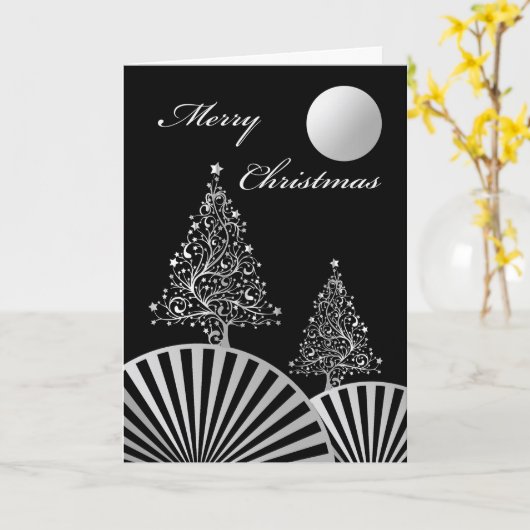 Kerstbomen en Maan, Modern Zilver Ontwerp Kaart (Gele Bloem)