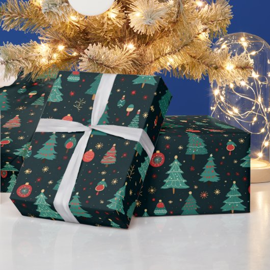 Kerstbomen en Ornamenten Black Christmas Cadeaupapier (Feestdagen)