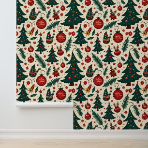 Kerstbomen en Ornamenten Feestelijke Patroon Behang