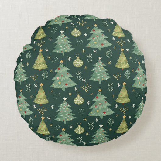 Kerstbomen en Ornamenten Rond Kussen (Voorkant)