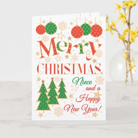 Kerstbomen en Ornamenten voor nichtje Kaart (Gele Bloem)