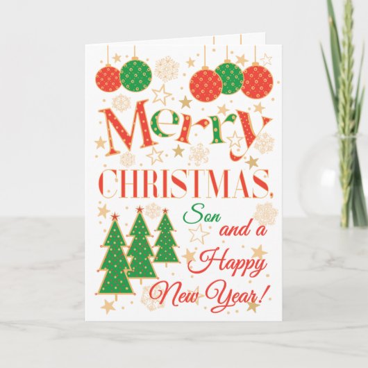 Kerstbomen en Ornamenten voor Zoon Kaart (Voorkant)