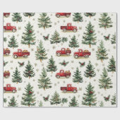Kerstbomen en oude rode vrachtwagens cadeaupapier (Vlak)