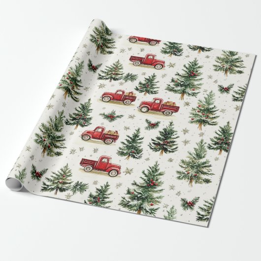 Kerstbomen en oude rode vrachtwagens cadeaupapier (Uitgerold)