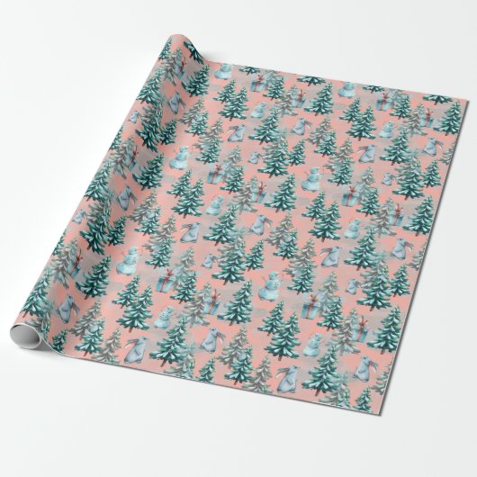 kerstbomen en snoewmanpapier cadeaupapier (Uitgerold)