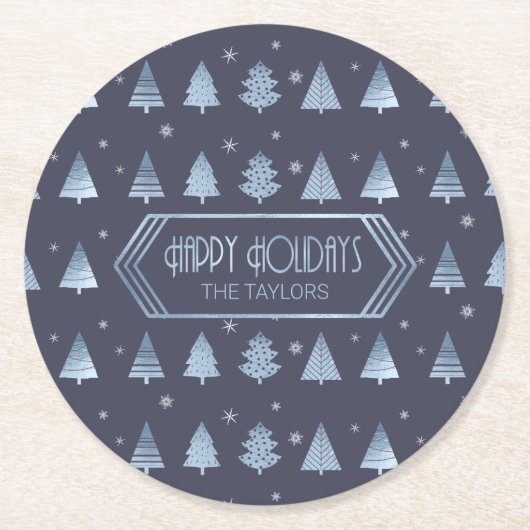 Kerstbomen en Snowflake Pattern Blue ID863 Ronde Kartonnen Onderzetter (Voorkant)