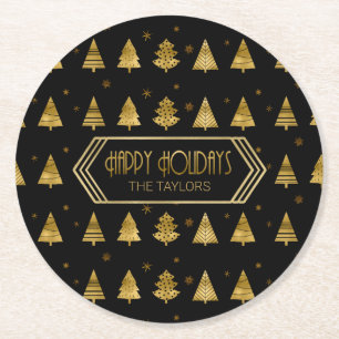 Kerstbomen en Snowflake Pattern Gold ID863 Ronde Kartonnen Onderzetter