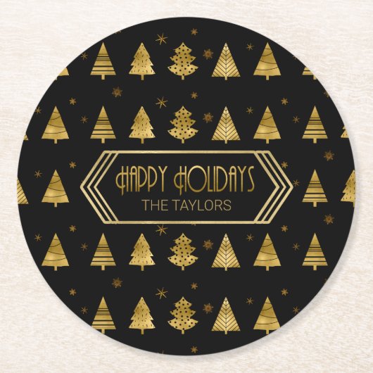 Kerstbomen en Snowflake Pattern Gold ID863 Ronde Kartonnen Onderzetter (Voorkant)