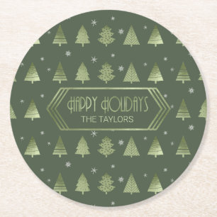 Kerstbomen en Snowflake Pattern Green ID863 Ronde Kartonnen Onderzetter
