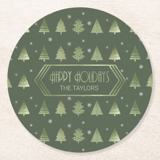 Kerstbomen en Snowflake Pattern Green ID863 Ronde Kartonnen Onderzetter (Voorkant)