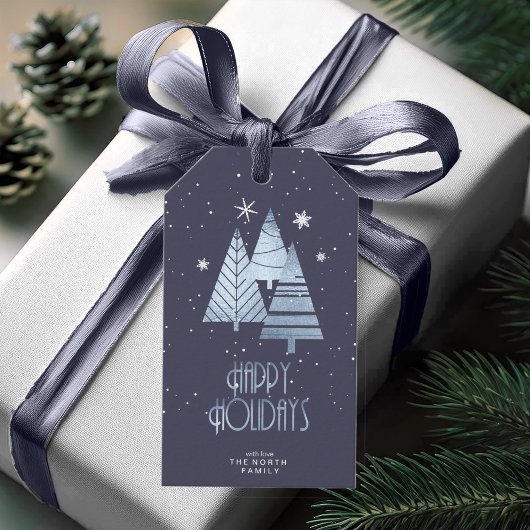Kerstbomen en Snowflakes Blue ID863 Cadeaulabel