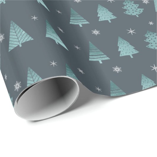 Kerstbomen en Snowflakes Patroon Blauwgroen ID863 Cadeaupapier (Rol Hoek)