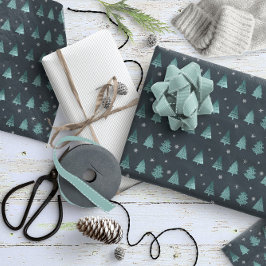 Kerstbomen en Snowflakes Patroon Blauwgroen ID863 Cadeaupapier