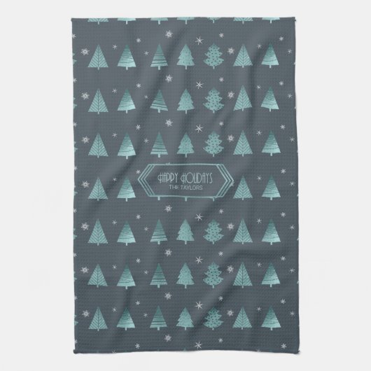 Kerstbomen en Snowflakes Patroon Blauwgroen ID863 Theedoek (Verticaal)