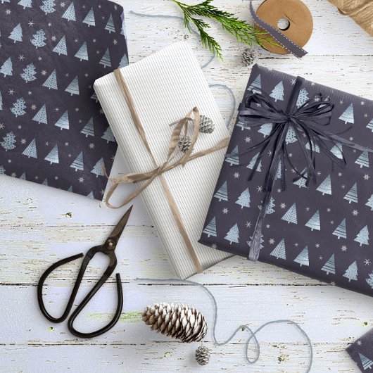 Kerstbomen en Snowflakes Patroonblauw ID863 Cadeaupapier