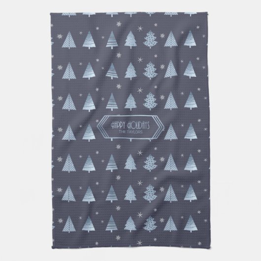 Kerstbomen en Snowflakes Patroonblauw ID863 Theedoek (Verticaal)