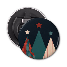 Kerstbomen en sterren in de blauwe/rode winter button flesopener
