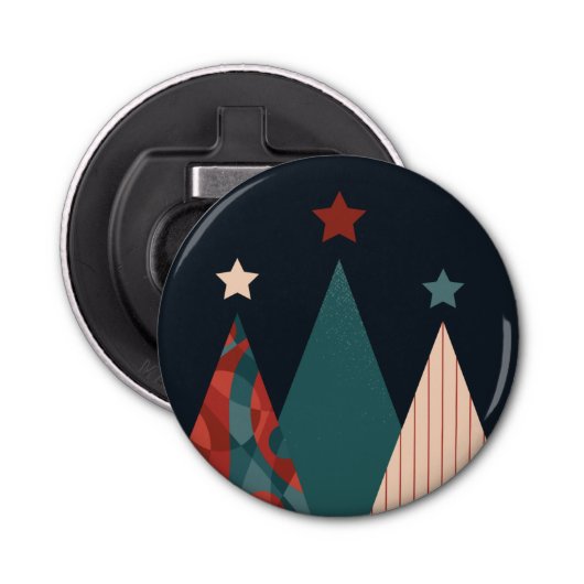 Kerstbomen en sterren in de blauwe/rode winter button flesopener (Voorkant)