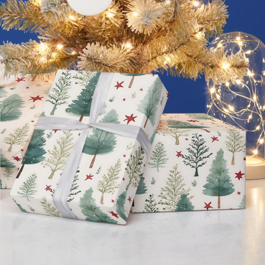 Kerstbomen en sterren Moderne Kerstmis Cadeaupapier (Feestdagen)