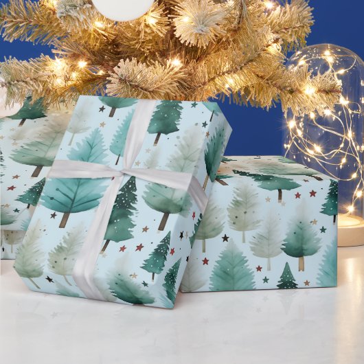 Kerstbomen en sterren Moderne Kerstmis Cadeaupapier (Feestdagen)