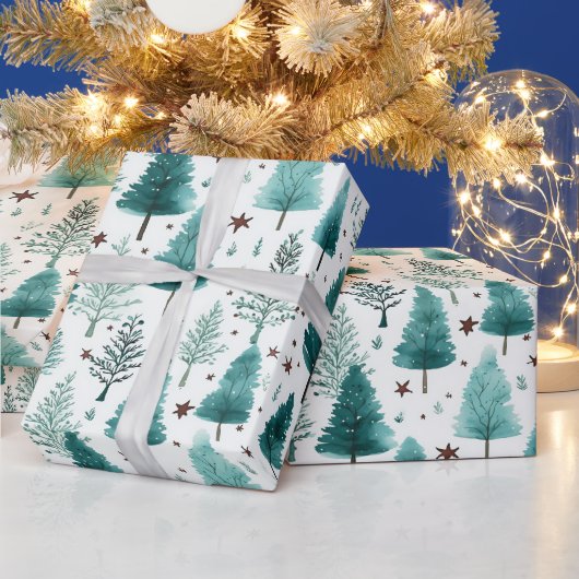 Kerstbomen en sterren Moderne Kerstmis Cadeaupapier (Feestdagen)