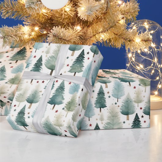 Kerstbomen en sterren Moderne Kerstmis Cadeaupapier (Feestdagen)