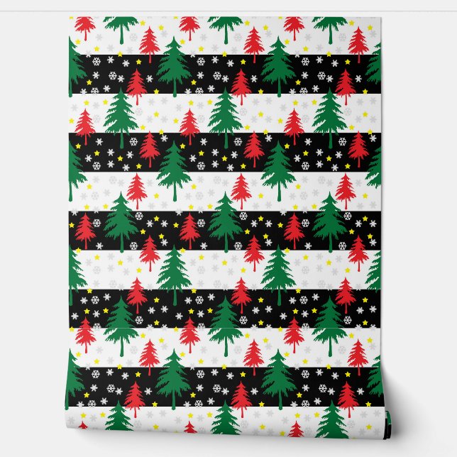 Kerstbomen en sterren strepen muur behang (Afrollen)