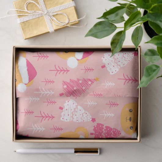 Kerstbomen en teddyberen Roze Kerst Tissuepapier (Geschenk)