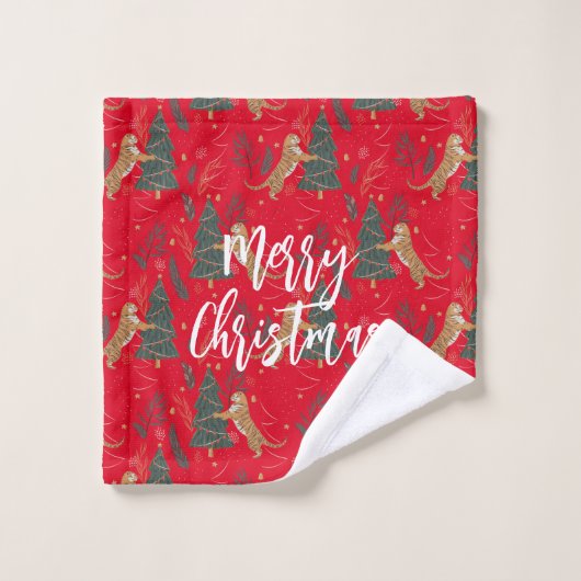 kerstbomen en tijgers, patroon, aangepaste achterg bad handdoek (Wasdoekje)