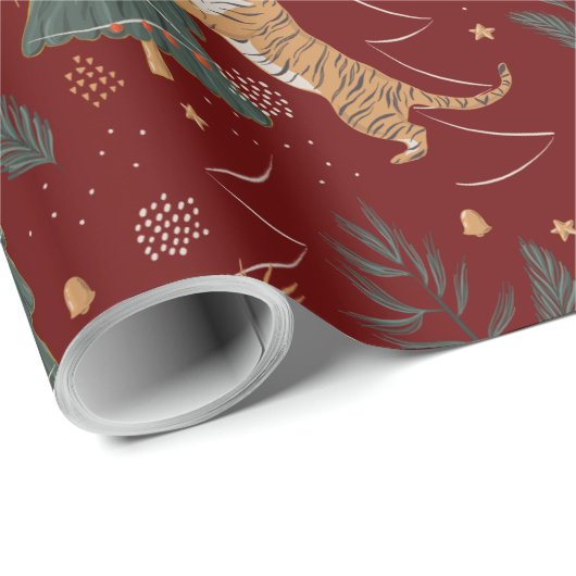 kerstbomen en tijgers, patroon, aangepaste achterg cadeaupapier (Rol Hoek)