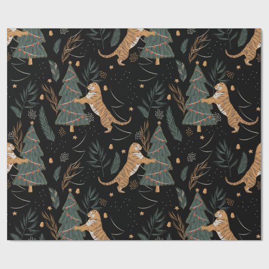 kerstbomen en tijgers, patroon, aangepaste achterg cadeaupapier (Vlak)