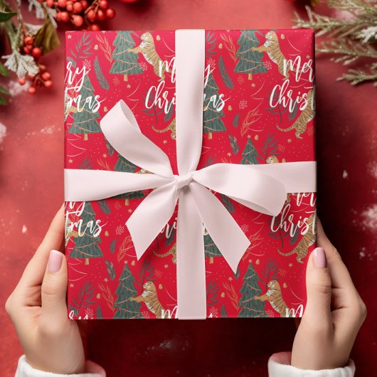 kerstbomen en tijgers, patroon, aangepaste achterg cadeaupapier