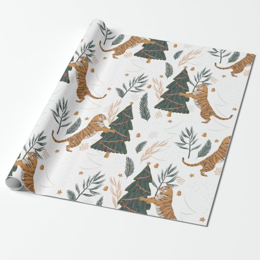 kerstbomen en tijgers, patroon, aangepaste achterg cadeaupapier (Uitgerold)