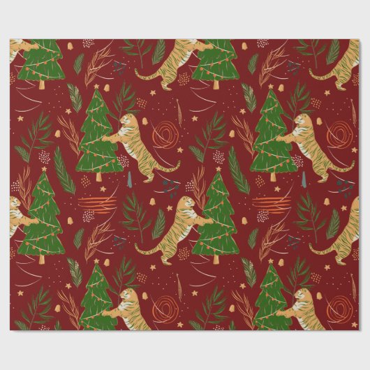 kerstbomen en tijgers, patroon, aangepaste achterg cadeaupapier (Vlak)