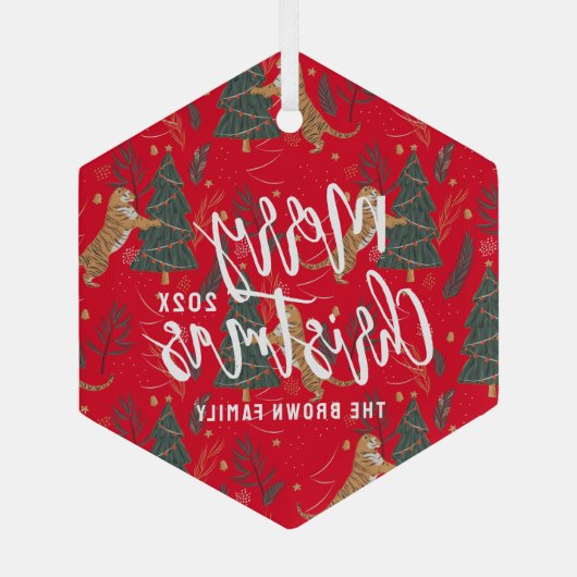 kerstbomen en tijgers, patroon, aangepaste achterg glas ornament (Achterkant)