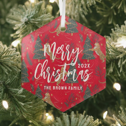 kerstbomen en tijgers, patroon, aangepaste achterg glas ornament (Insitu)