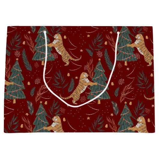 kerstbomen en tijgers, patroon, aangepaste achterg groot cadeauzakje (Voorkant)