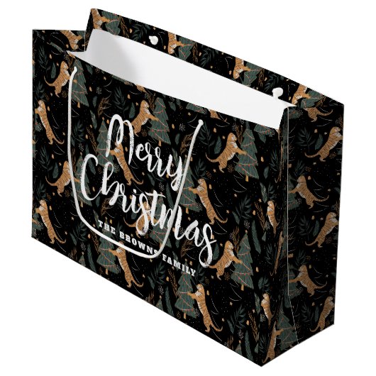 kerstbomen en tijgers, patroon, aangepaste achterg groot cadeauzakje (Voorkant Gekanteld)
