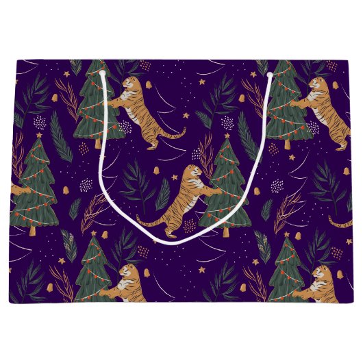 kerstbomen en tijgers, patroon, aangepaste achterg groot cadeauzakje (Voorkant)