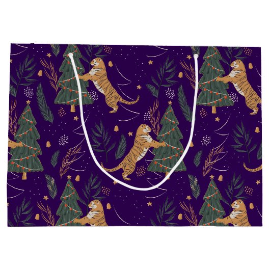 kerstbomen en tijgers, patroon, aangepaste achterg groot cadeauzakje (Achterkant)