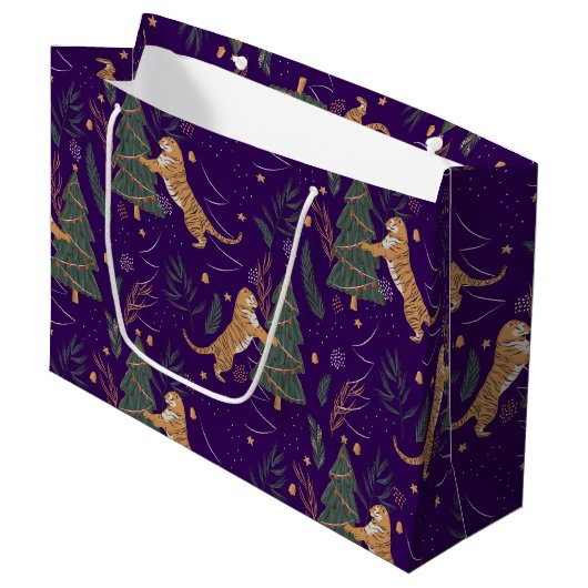 kerstbomen en tijgers, patroon, aangepaste achterg groot cadeauzakje (Voorkant Gekanteld)