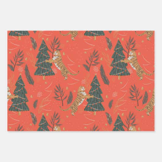 kerstbomen en tijgers, patroon, aangepaste achterg inpakpapier vel (Voorkant 2)