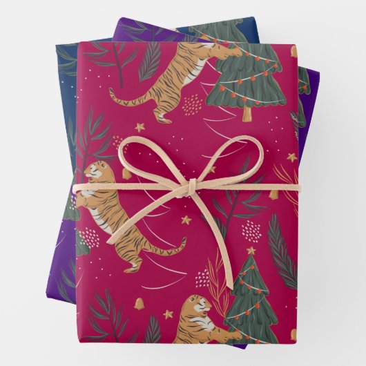 kerstbomen en tijgers, patroon, aangepaste achterg inpakpapier vel (In situ)