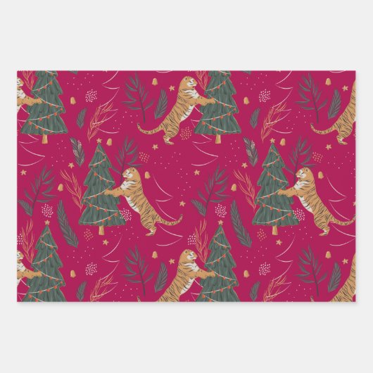 kerstbomen en tijgers, patroon, aangepaste achterg inpakpapier vel (Voorkant)