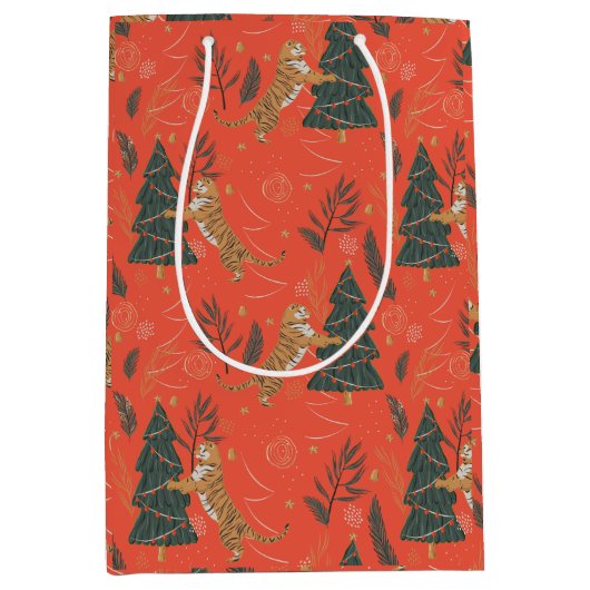 kerstbomen en tijgers, patroon, aangepaste achterg medium cadeauzakje (Voorkant)