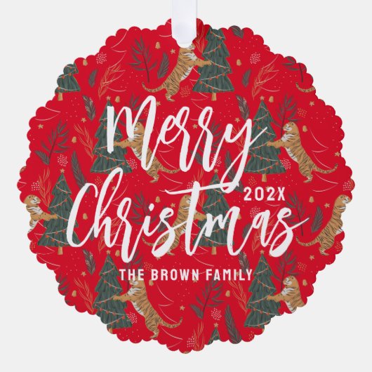 kerstbomen en tijgers, patroon, aangepaste achterg ornament kaart (Voorkant)